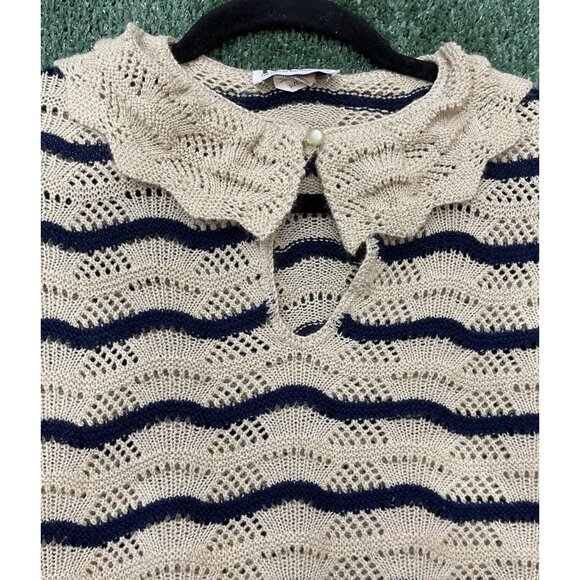 Vintage RK Knits Youth Sweater Girl Size 14  Knitted Striped Blue Beige Stretch - Picture 4 of 13